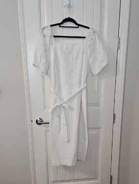Ann Taylor White Eyelet Midi Dress with Tie Waist